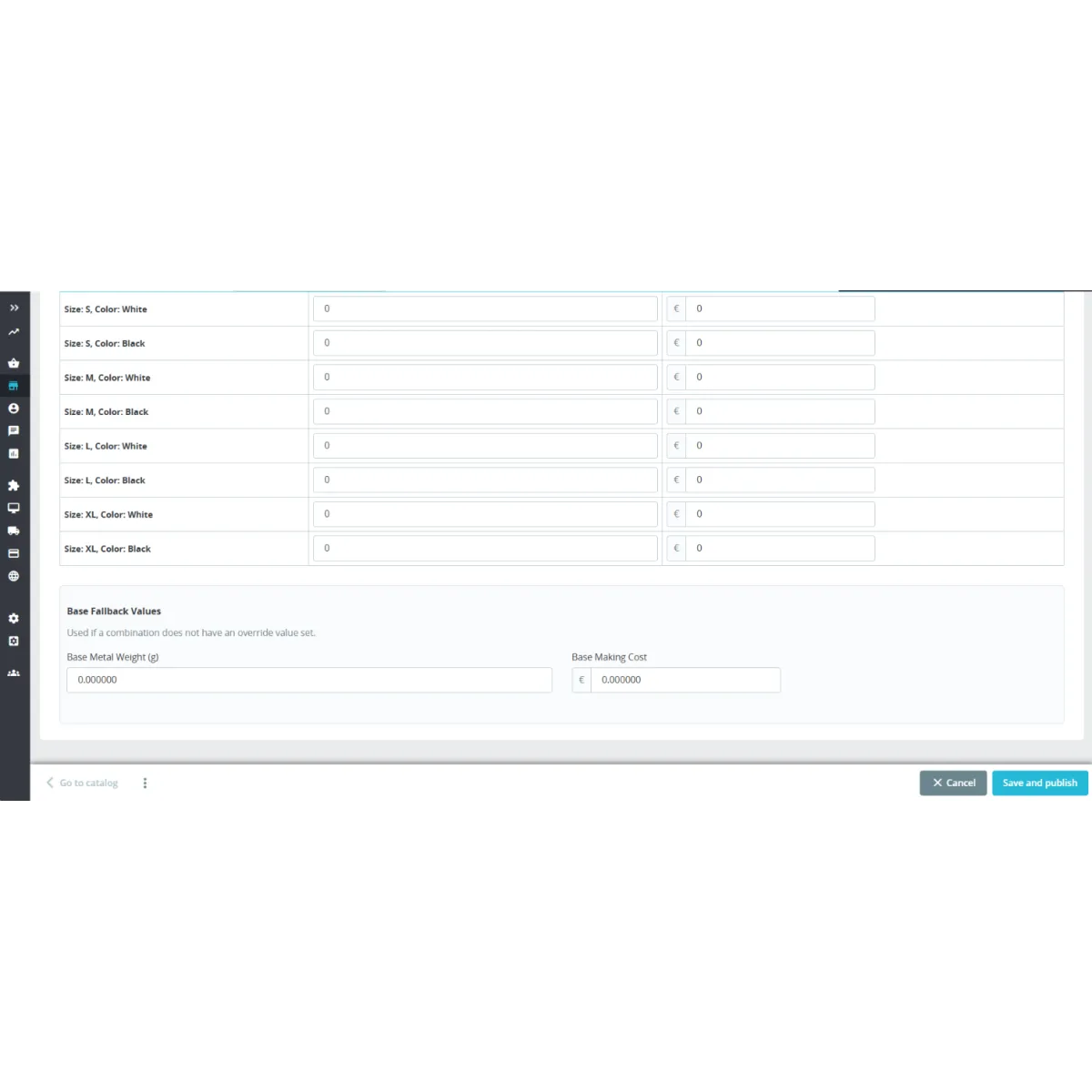 Configuración por producto con combinaciones