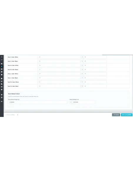 Configuración por producto con combinaciones