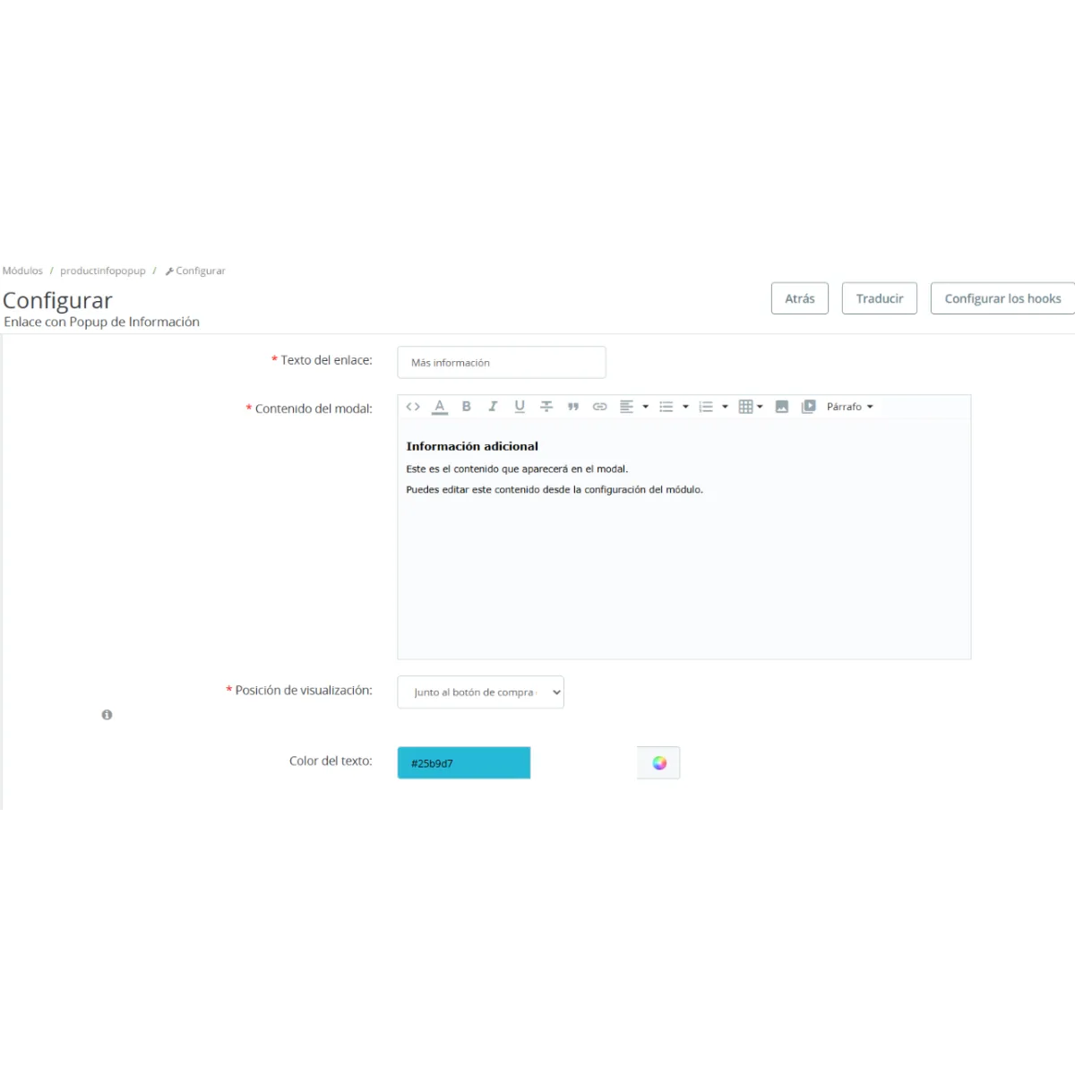 Product Info Popup: Size guide and details in windows