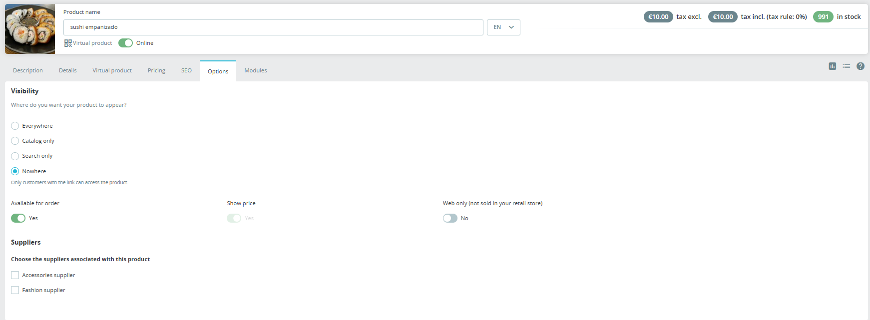 Product visibility set to nowhere
