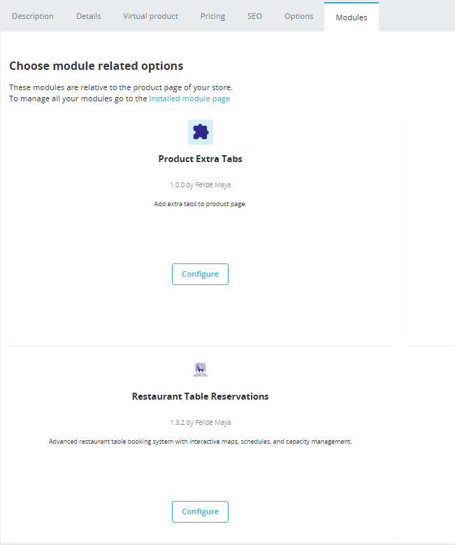 Modules tab in product management